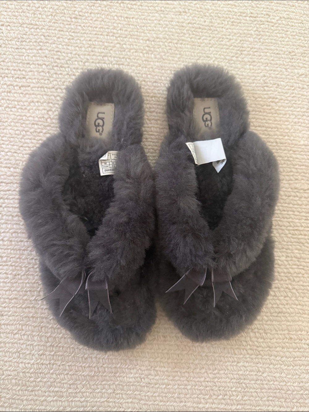 UGG Women's Plush Flip Flop Style Slippers in Charcoal Gray